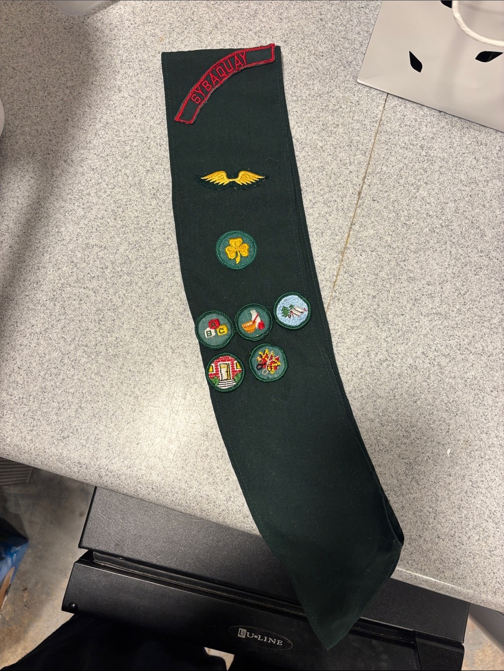 Vintage Girl scouts Merit Badge Sash with Yellow and Red Embroidered Patches